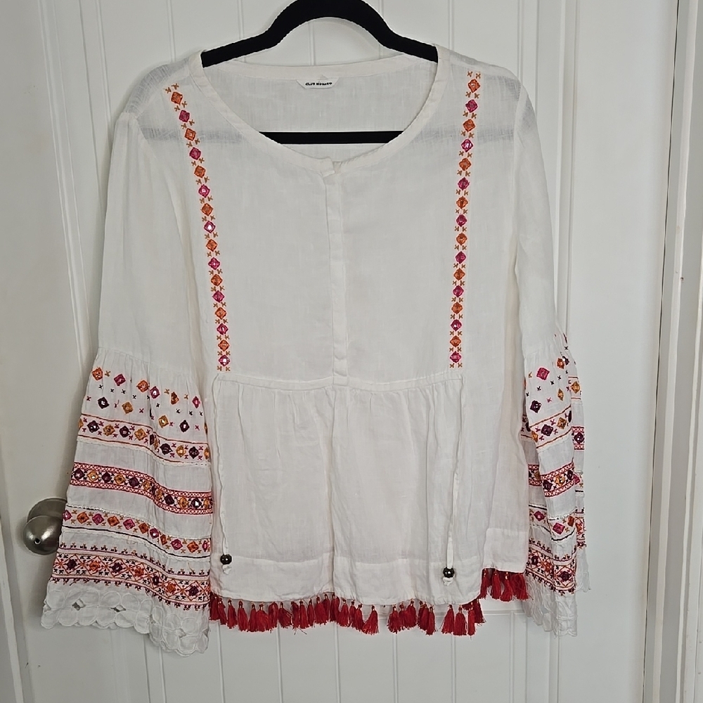 Club Monaco Boho Linen Embroidered Blouse – Tassels & Bell Sleeves Size M